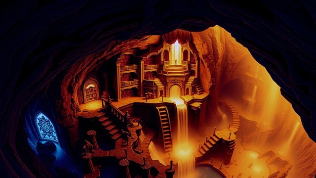 Ancient Mystic Library Cave with Fiery Waterfalls