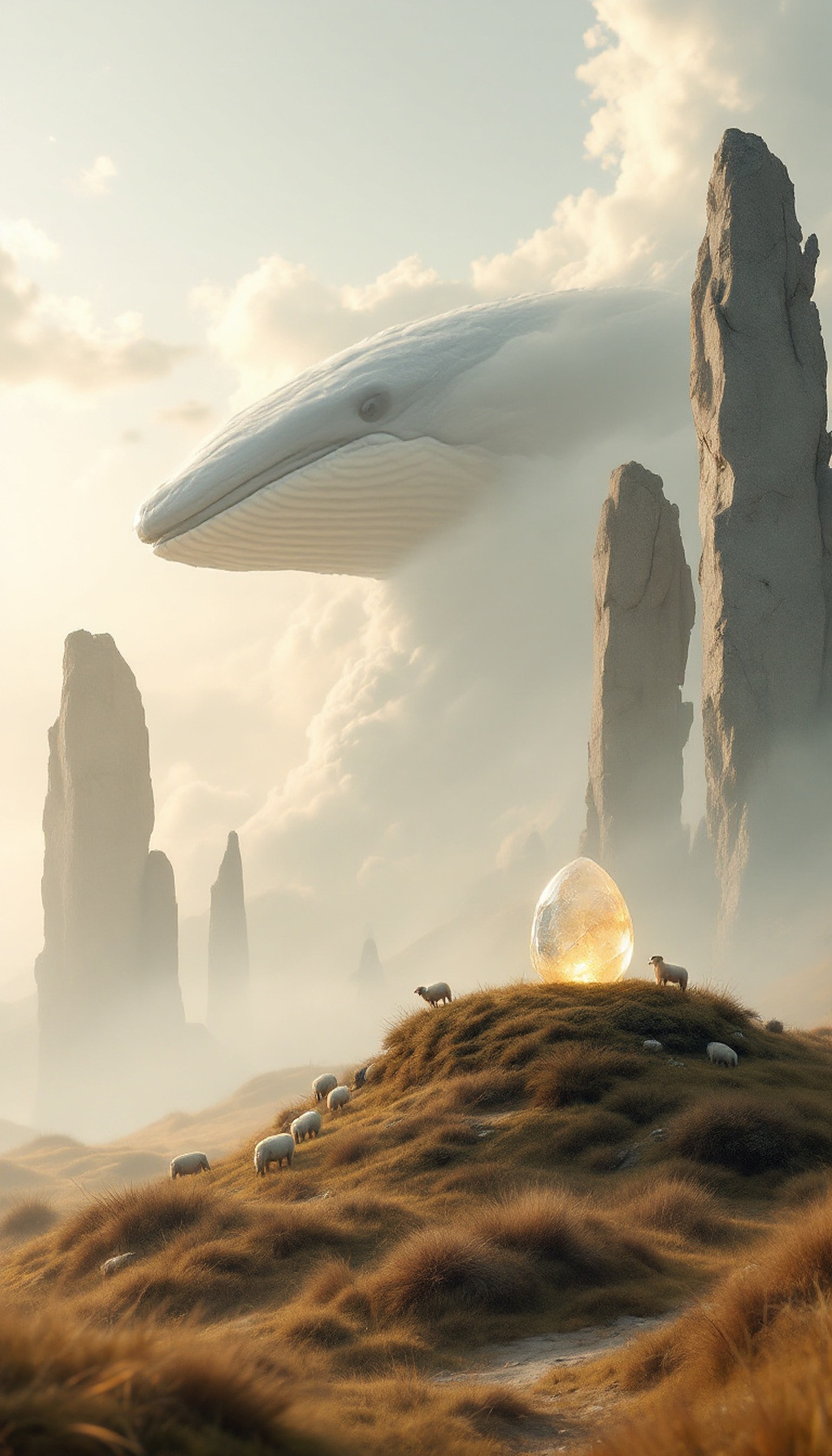 Dream Whale in Misty Valley with Sheep and Crystal, fantasy whale, dreamcore, mystical landscape, flying whale, crystal egg, sheep