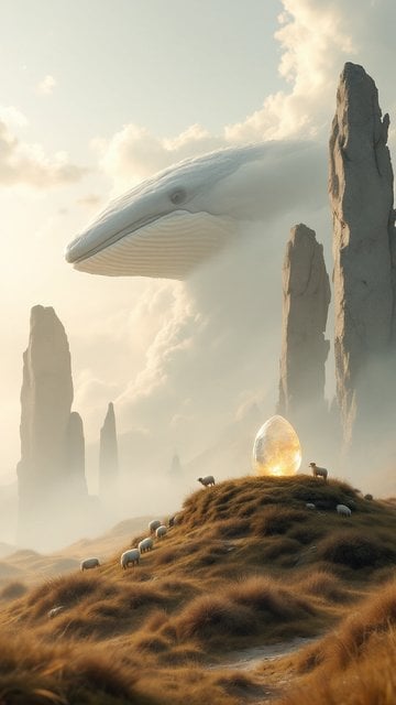 Dream Whale in Misty Valley with Sheep and Crystal