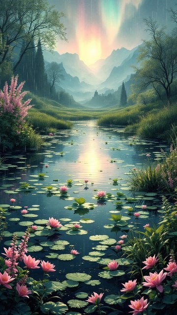 Dreamy Lotus Pond at Sunset with Rainbow Rain