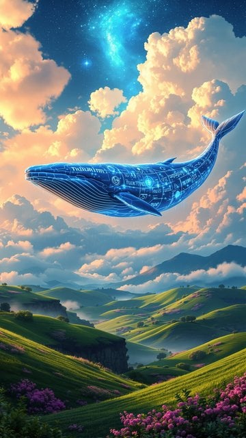 Digital Whale in Sky over Green Hills Wallpaper