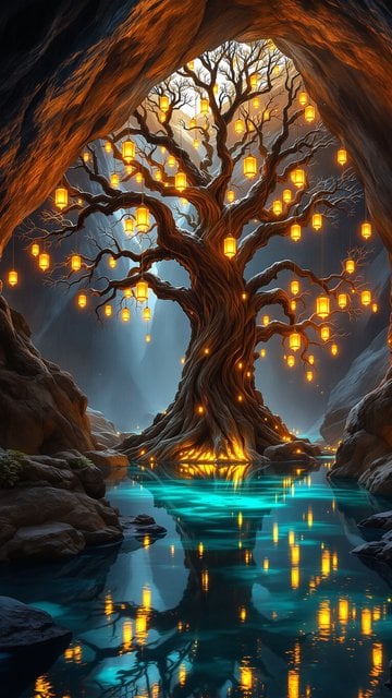 Enchanted Cave Tree with Lanterns & Aqua Lake