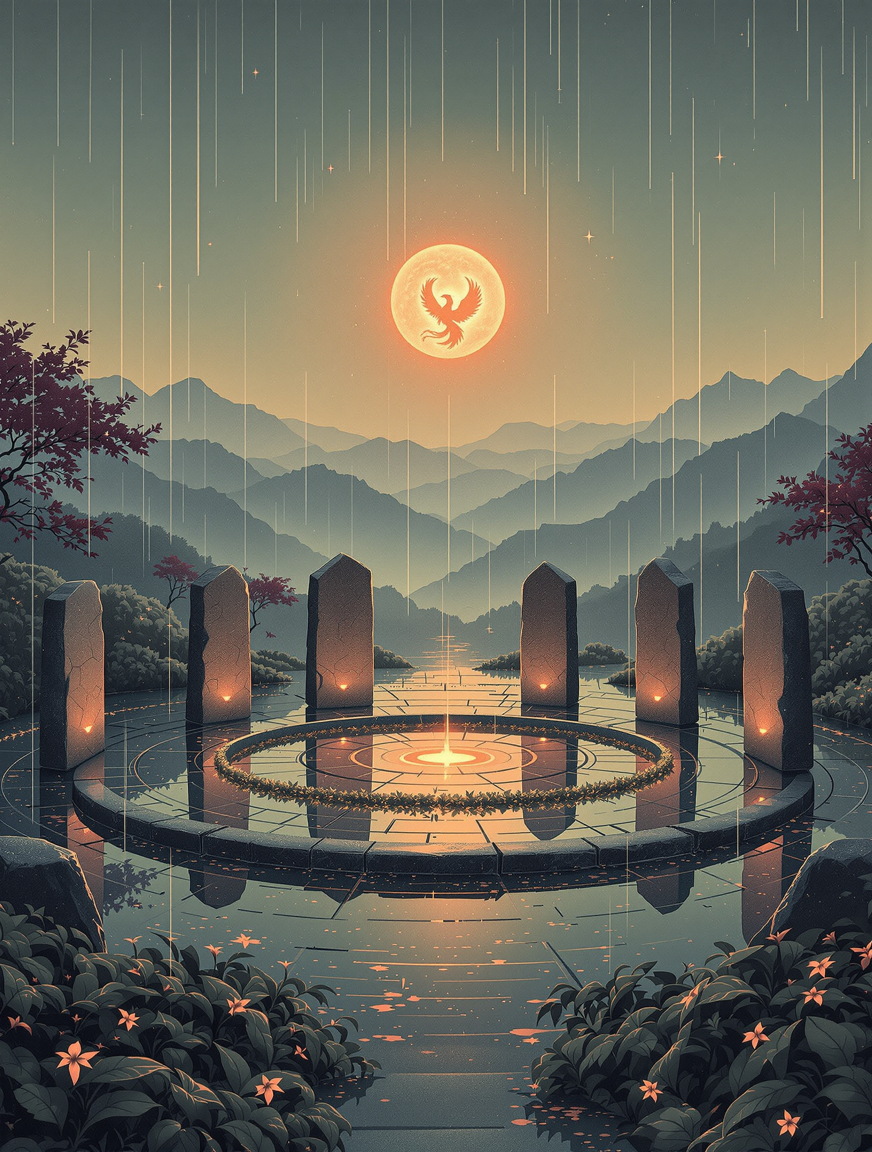 Mystical Phoenix Moon Stone Circle Landscape, phoenix moon, stone circle, mystical landscape, fantasy art, anime style, mountains