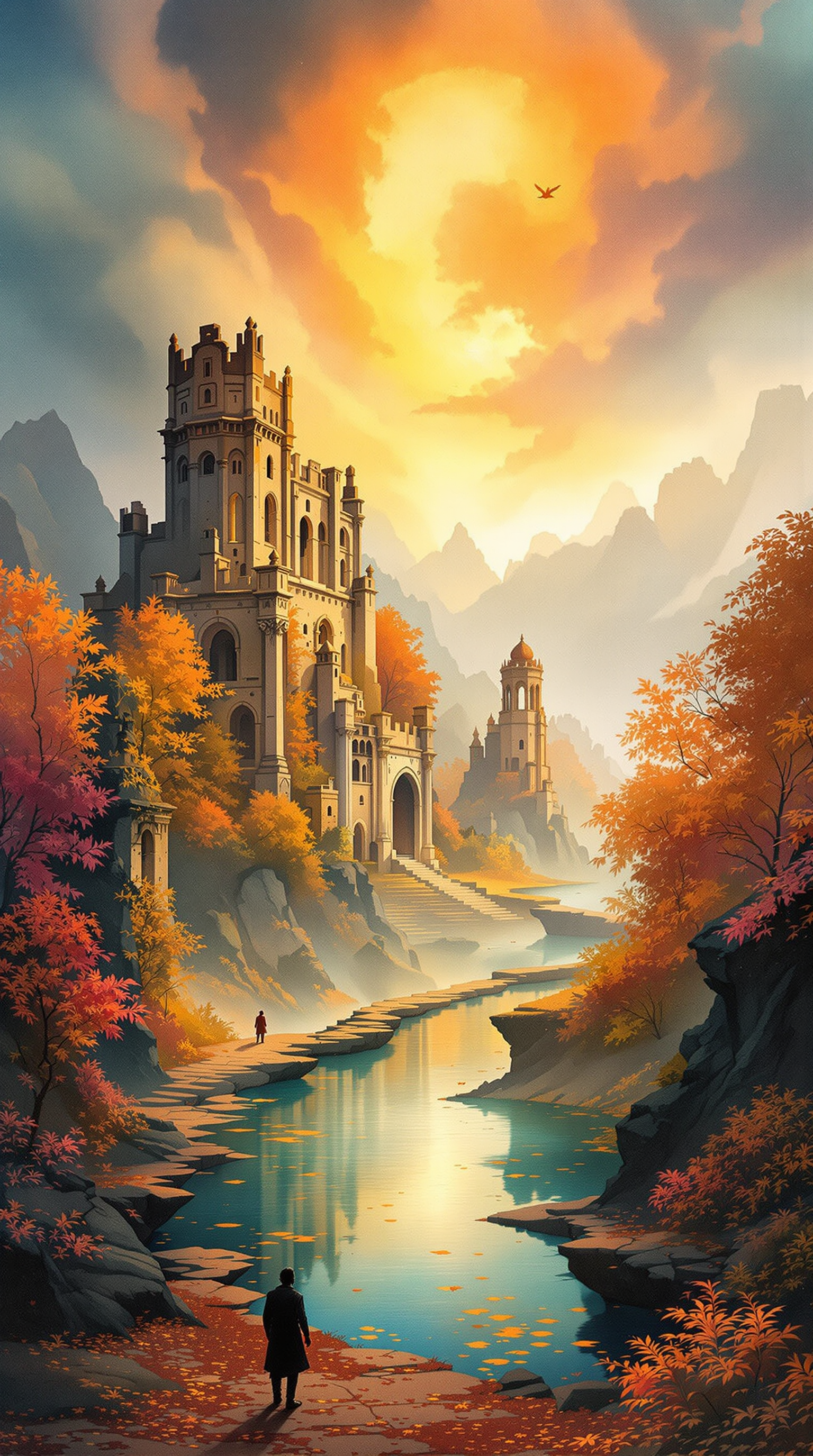 Autumn Castle River Pathway Sunset Wallpaper, autumn castle, fantasy landscape, sunset river, fall foliage, magical wallpaper, orange aesthetic