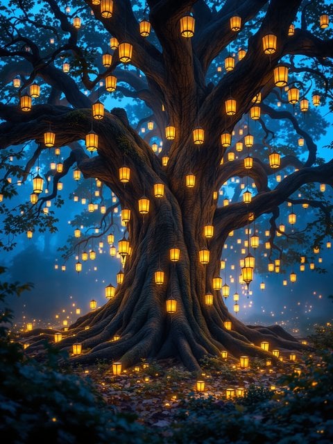 Enchanted Tree with Hanging Lanterns at Dusk