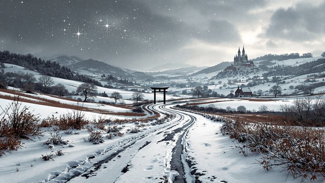 Winter Castle Road with Torii Gate and Stars