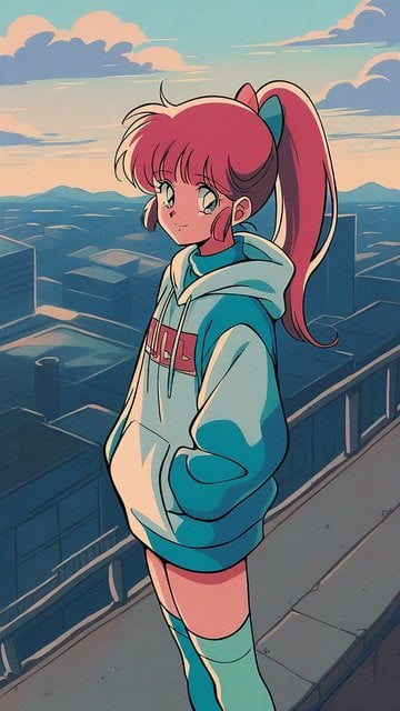 Anime Girl Pink Hair Rooftop City View Wallpaper