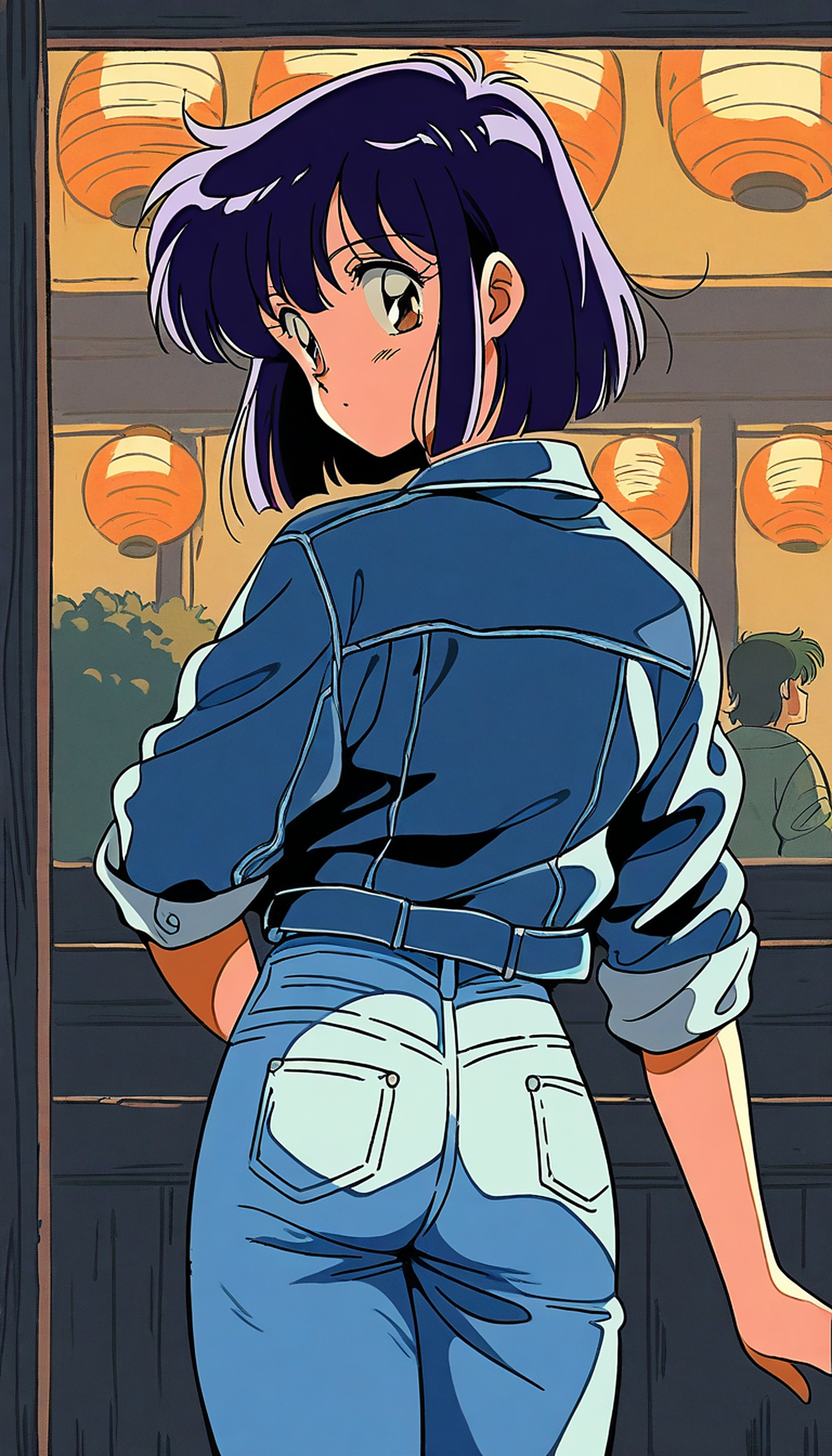 Anime Girl in Denim Jacket at Japanese Izakaya, anime girl, denim jacket, japanese lantern, izakaya, retro anime, aesthetic wallpaper