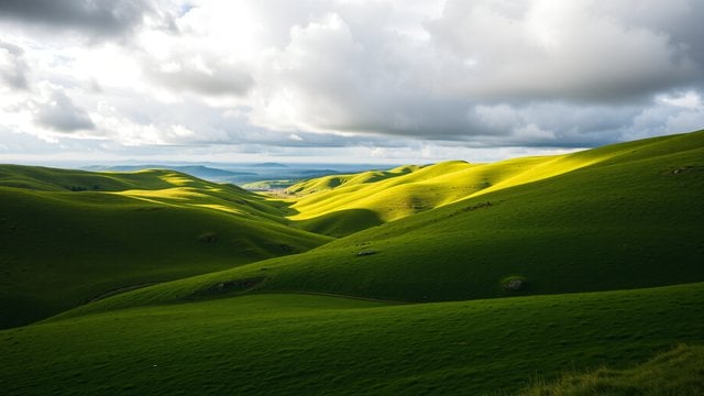 Sunlit Green Rolling Hills Landscape