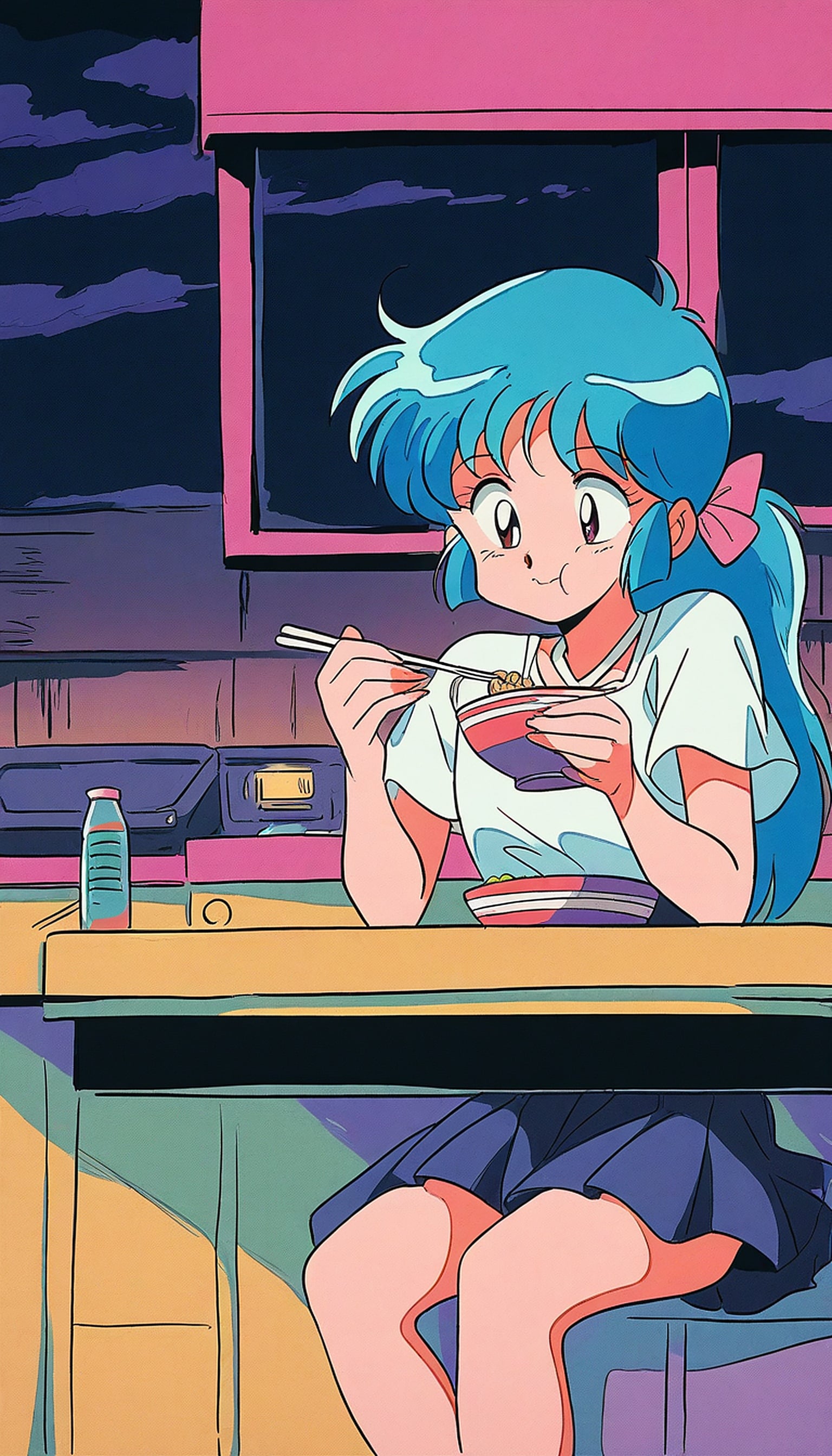 Anime Girl Eating with Blue Hair at Night Cafe, anime girl, blue hair, eating, night scene, 90s anime, cute