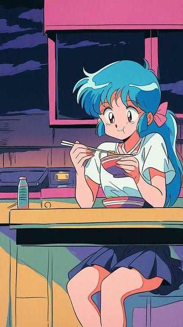 Anime Girl Eating with Blue Hair at Night Cafe