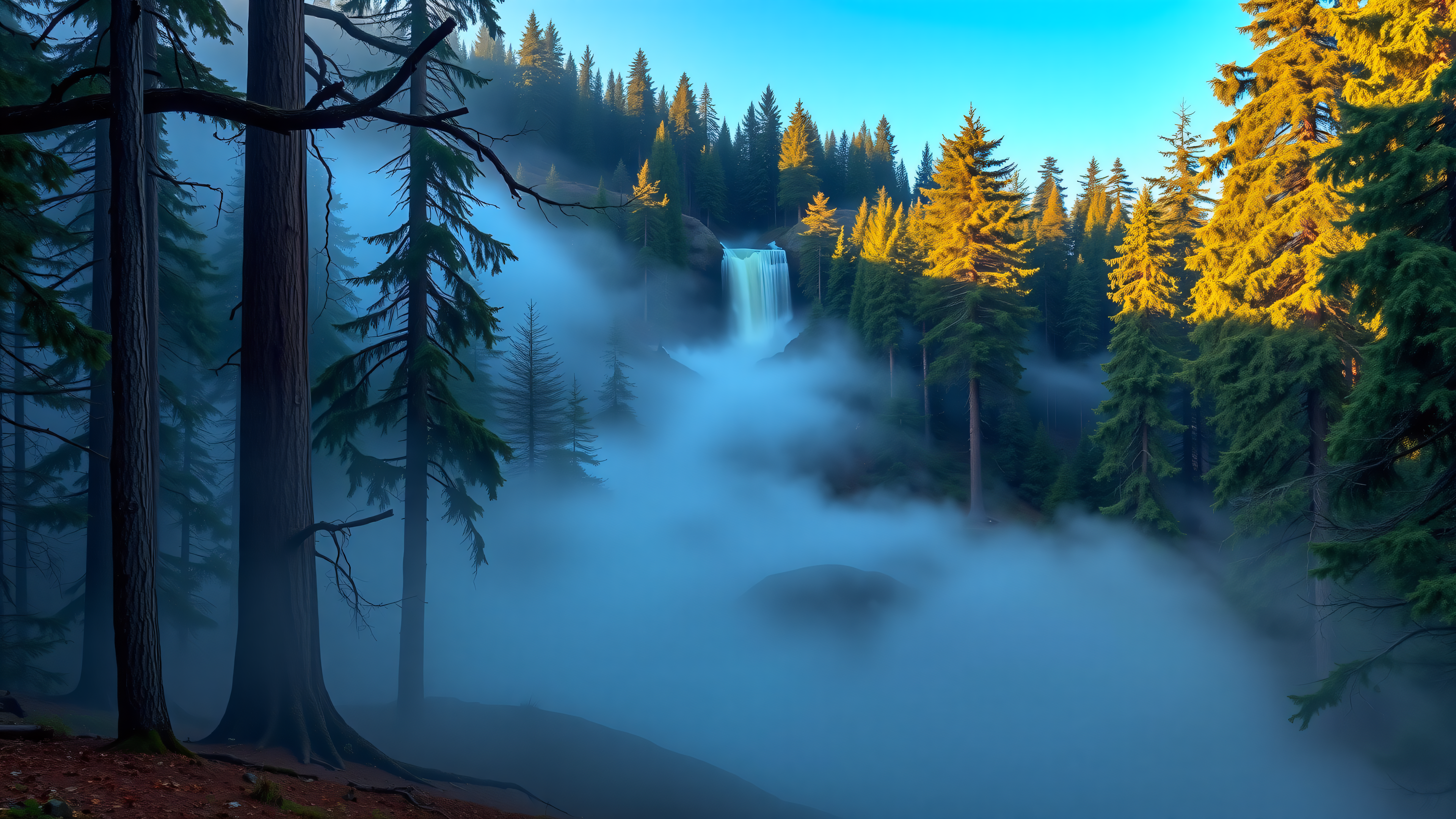 Misty Forest Waterfall at Golden Hour, misty forest, waterfall, golden hour, fog, pine trees, nature wallpaper