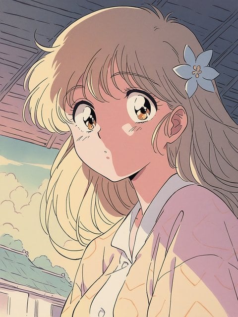 Anime Girl with Flower Hair Clip Retro Style