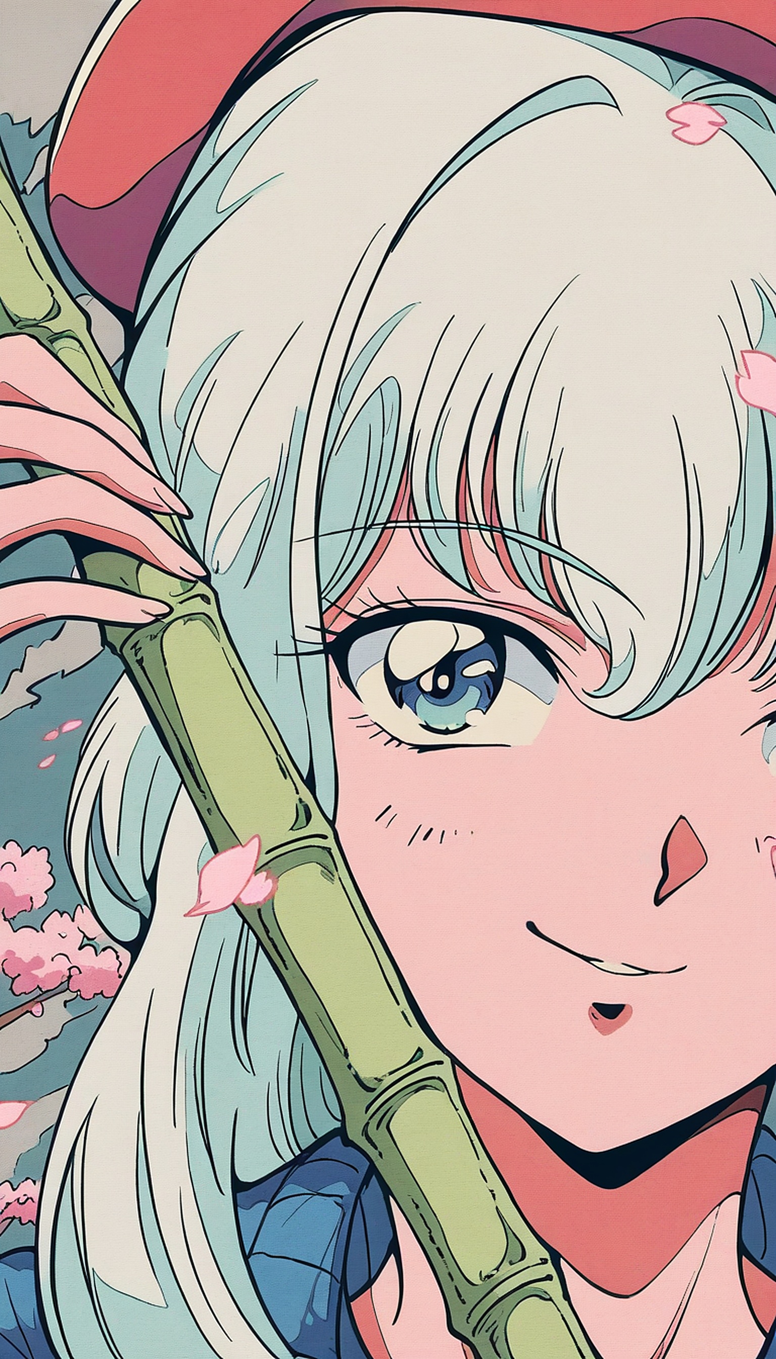 Anime Girl with Bamboo & Cherry Blossoms, anime girl, manga, cute, pastel, cherry blossom, bamboo