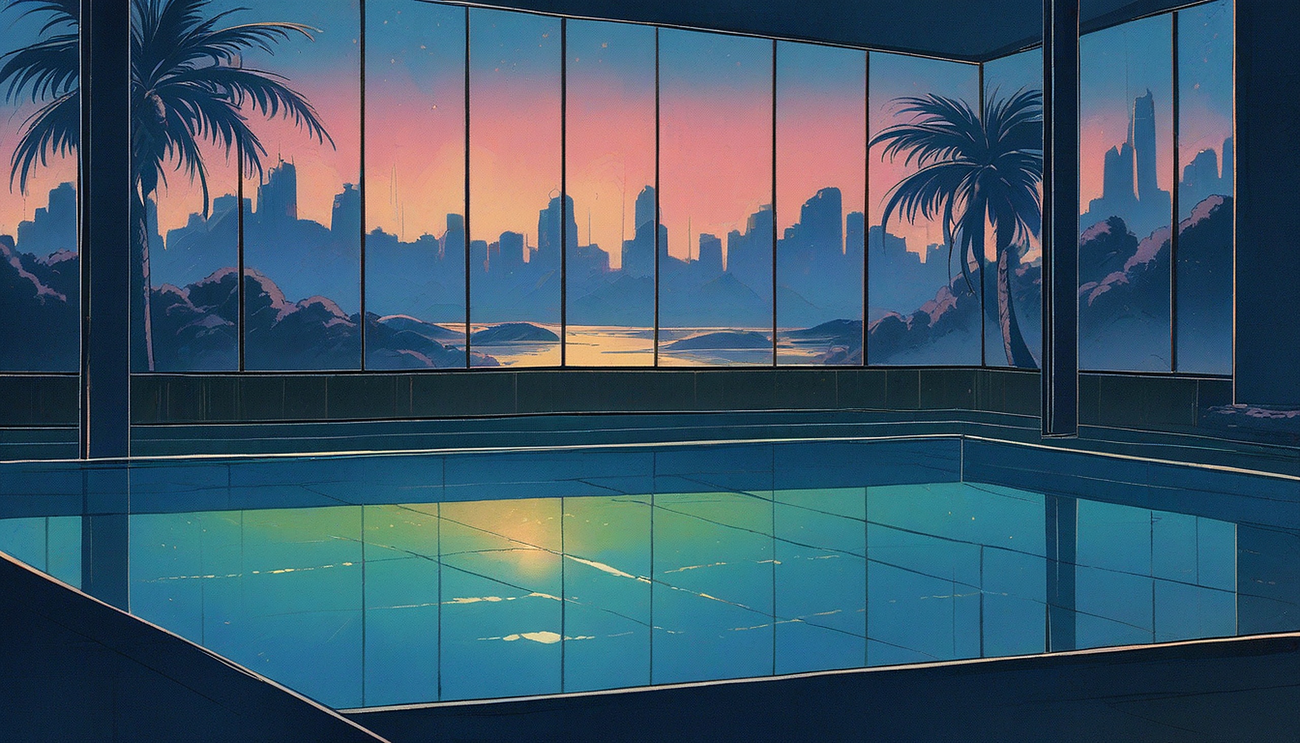Retro Sunset Cityscape Poolside Aesthetic, retro aesthetic, vaporwave, sunset, cityscape, swimming pool, palm trees