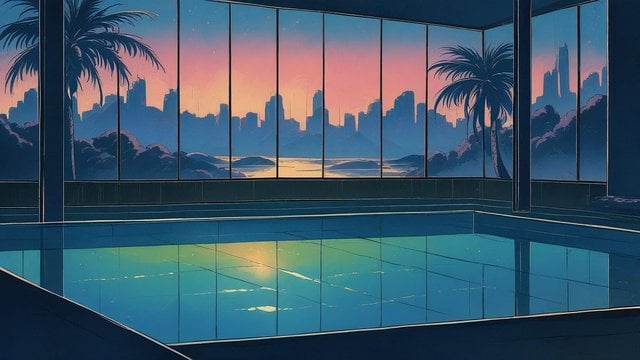 Retro Sunset Cityscape Poolside Aesthetic