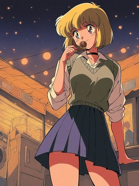 Anime Girl Eating Candy at Night Festival