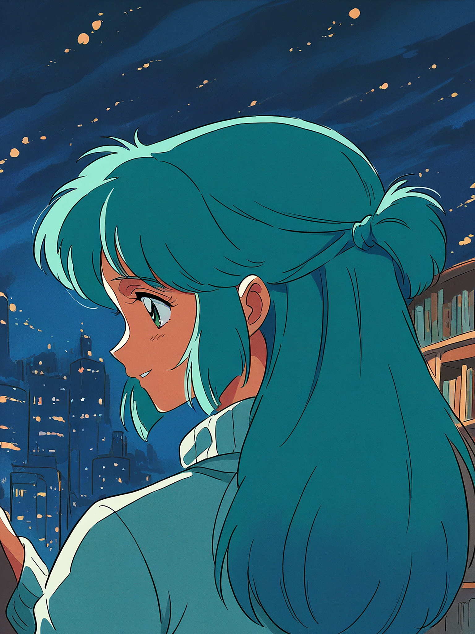 Anime Girl City Night Profile Wallpaper, anime girl, city night, teal hair, retro anime, cityscape, night view