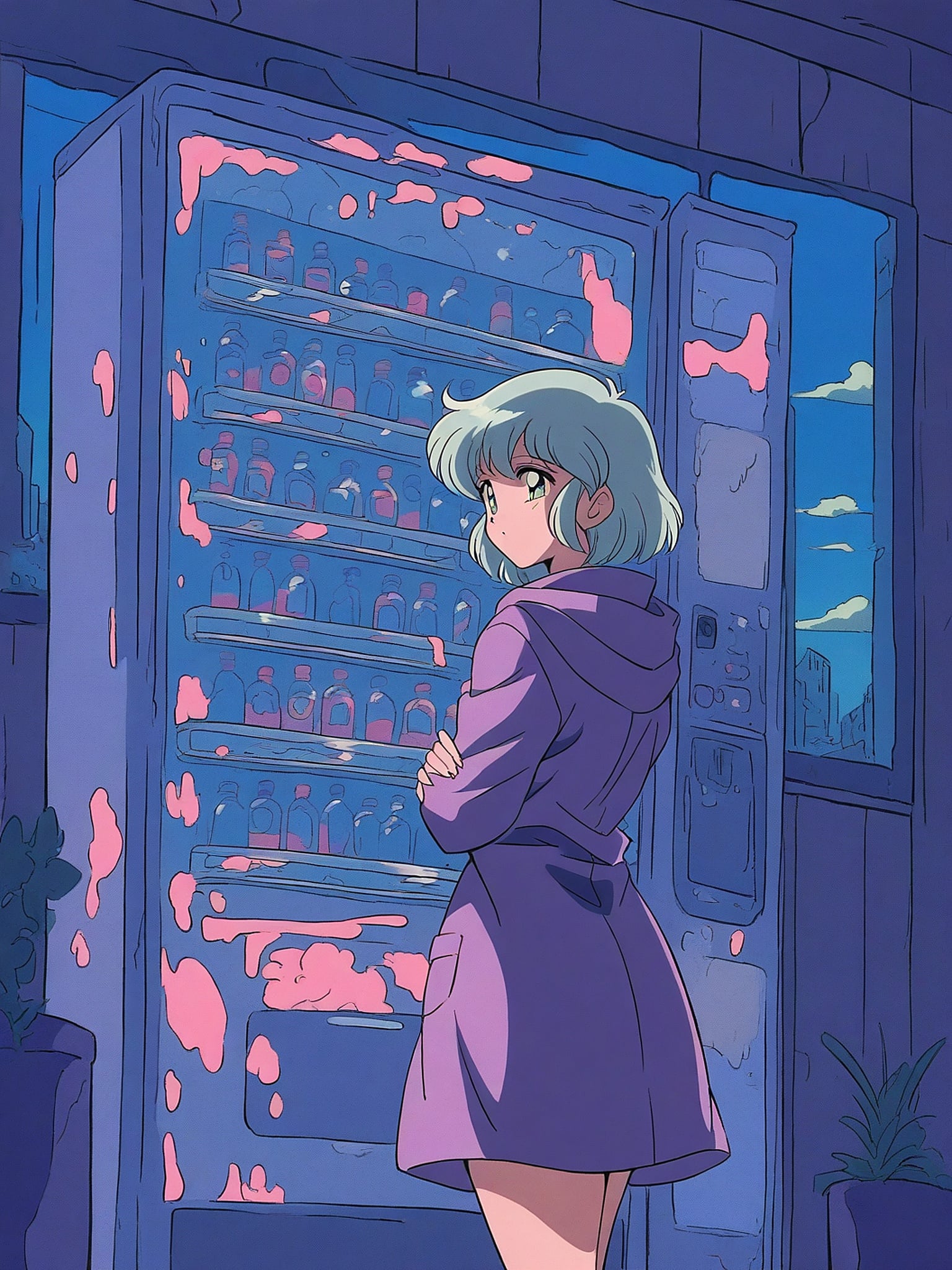 Anime Girl at Vending Machine, Retro Aesthetic, anime girl, vending machine, retro anime, 90s anime, lofi, vaporwave