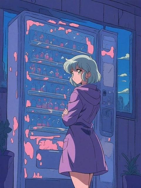 Anime Girl at Vending Machine, Retro Aesthetic