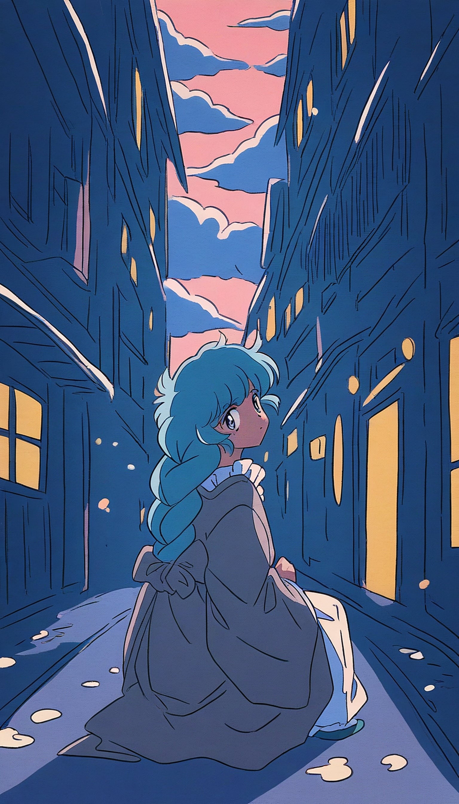 Anime Girl in Twilight Alley with Pink Sky, anime girl, twilight alley, pink sky, blue hair, lofi aesthetic, retro anime