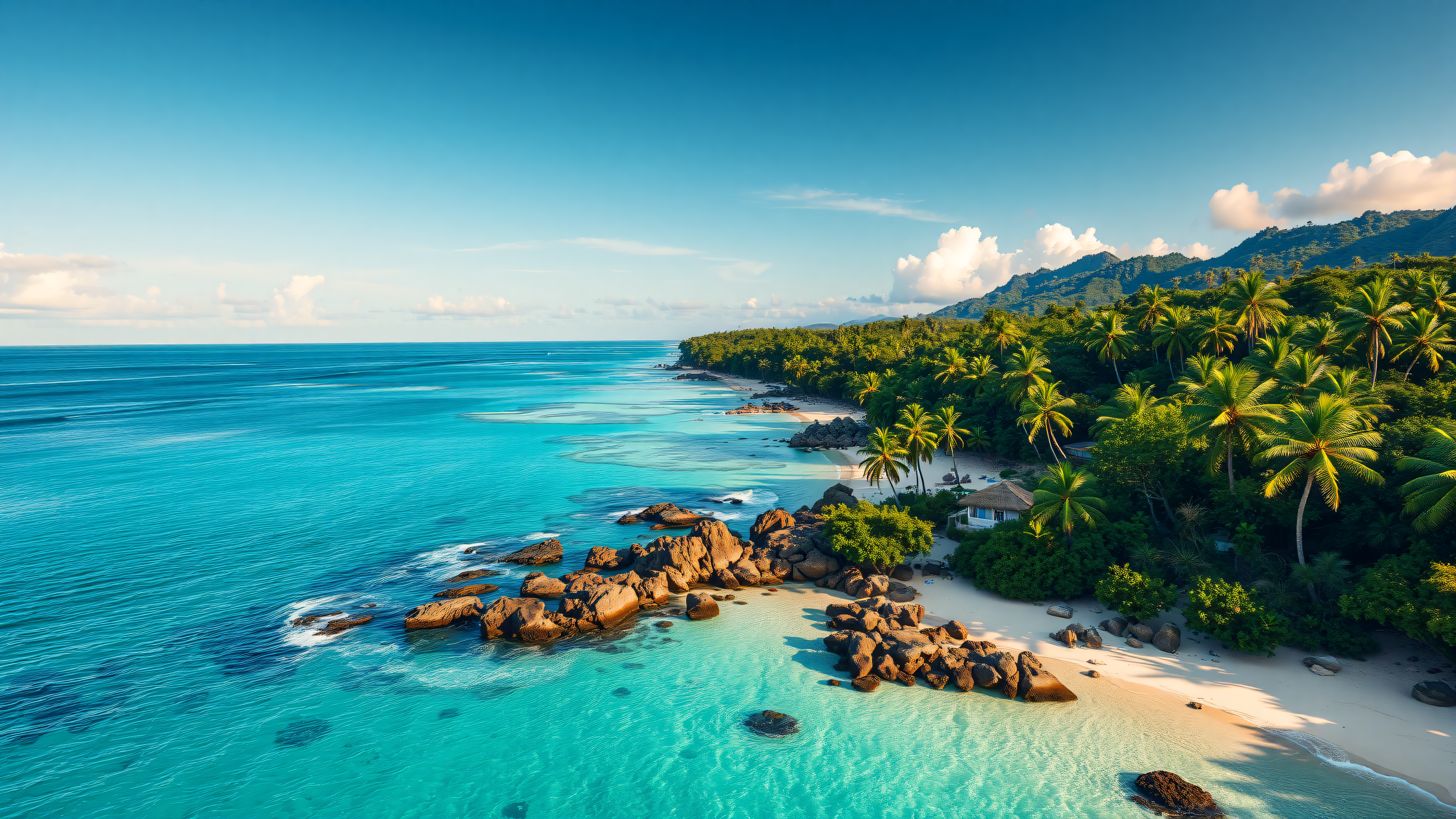 Tropical Beach Island Paradise Coastline, tropical beach, paradise island, turquoise water, palm trees, coastline, aerial view
