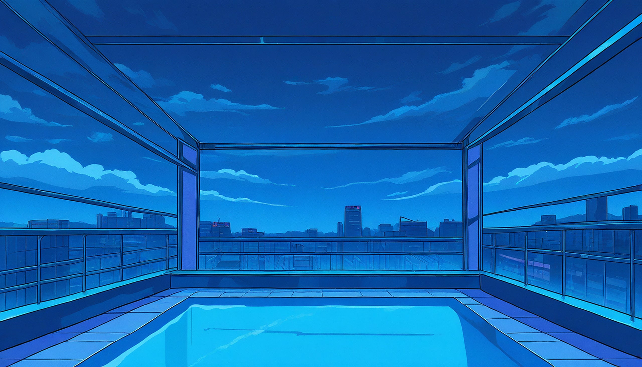 Anime Rooftop Pool Cityscape Blue Sky, anime, rooftop pool, cityscape, blue sky, aesthetic, vaporwave