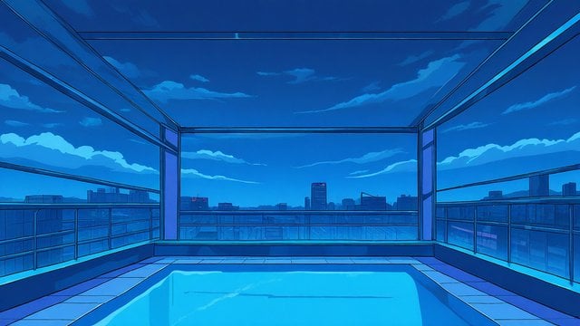 Anime Rooftop Pool Cityscape Blue Sky