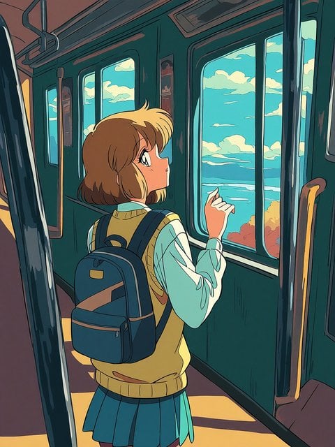 Anime Girl on Train Looking Out Window