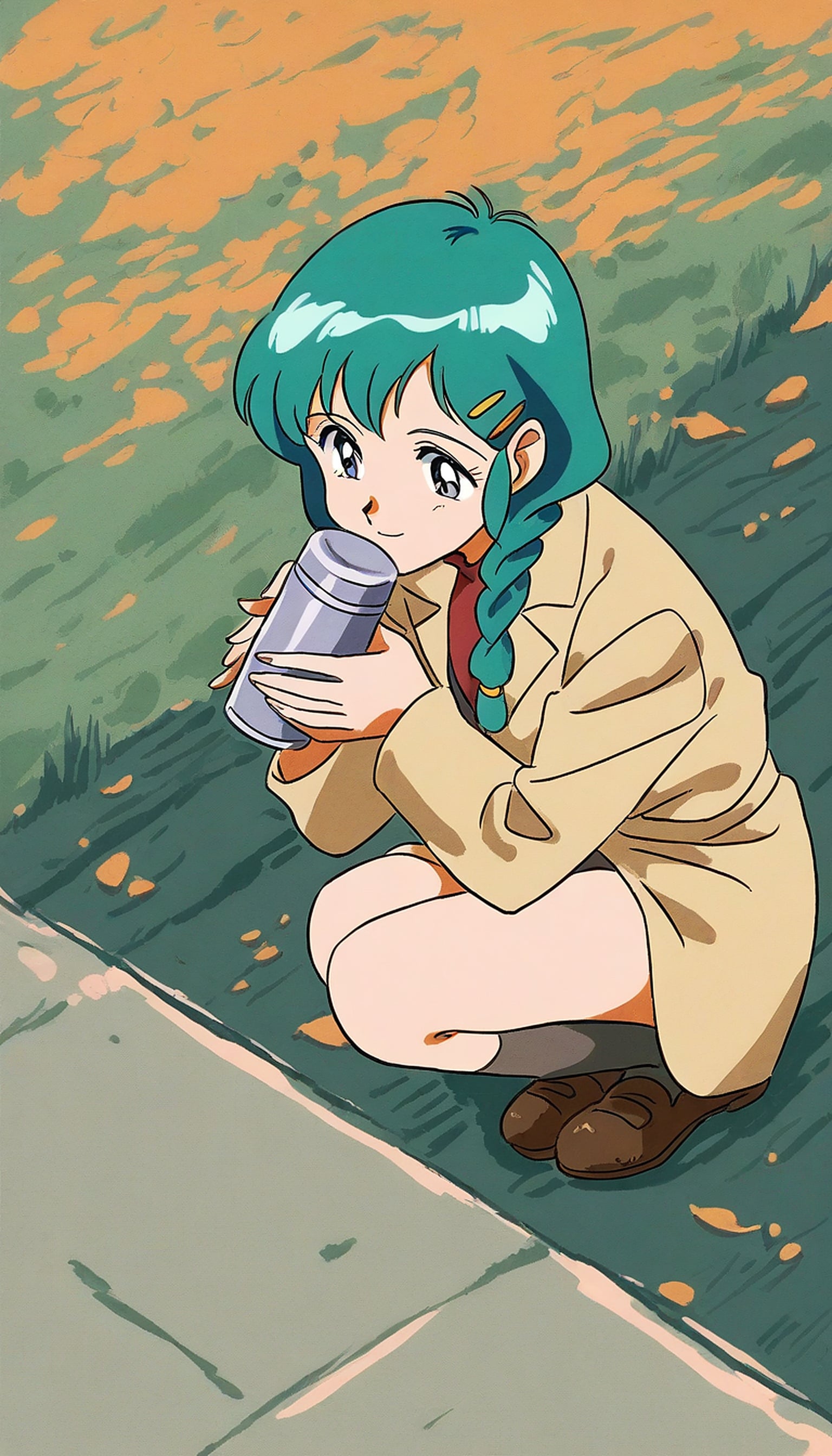 Retro Anime Girl with Thermos Wallpaper, anime girl, retro anime, vintage anime, teal hair, thermos, 80s anime