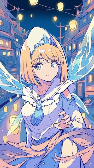 Anime Fairy in Lantern-Lit Fantasy City Night