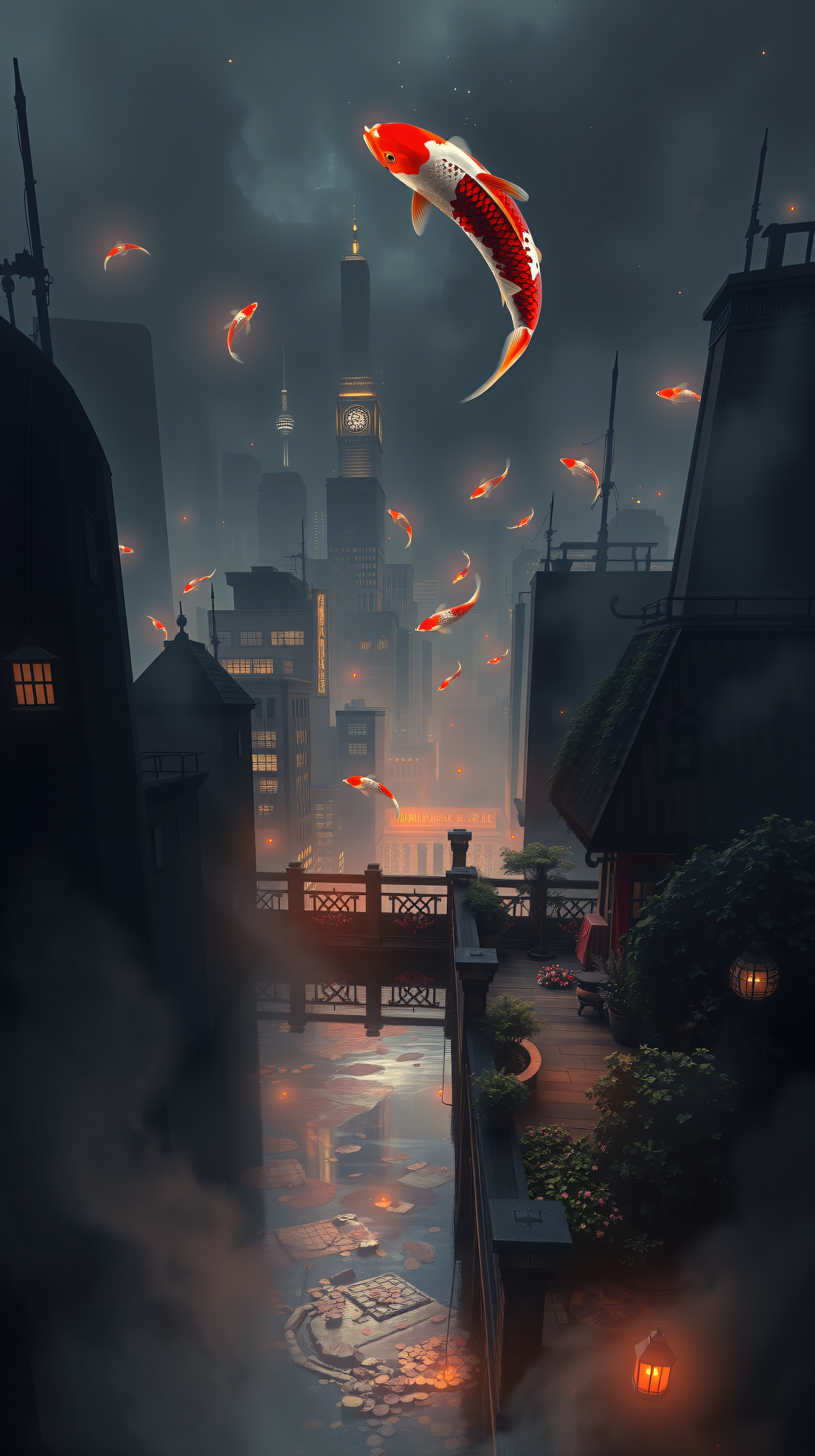 Flying Koi Fish Over Misty City at Night, koi fish, flying fish, city at night, misty city, fantasy city, surreal art