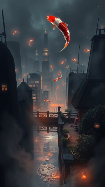 Flying Koi Fish Over Misty City at Night