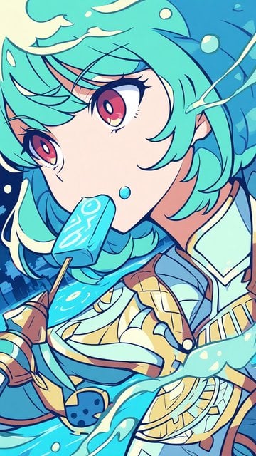 Anime Girl Teal Hair Popsicle Blue Gold