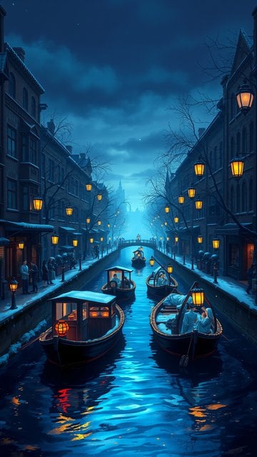 Winter Canal Night with Gondolas & Warm Lights