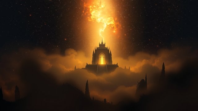 Celestial Temple in Fiery Sky, Fantasy Artwork