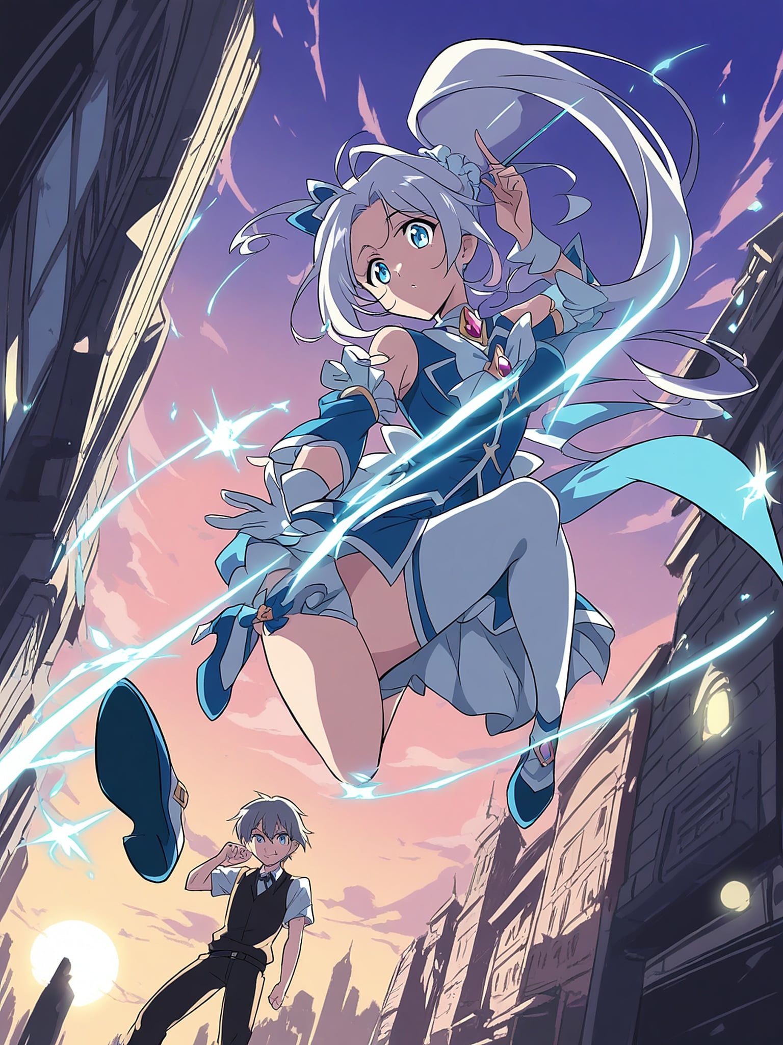 Anime Girl Floating City Sunset, anime girl, fantasy, cityscape, sunset, floating, magic