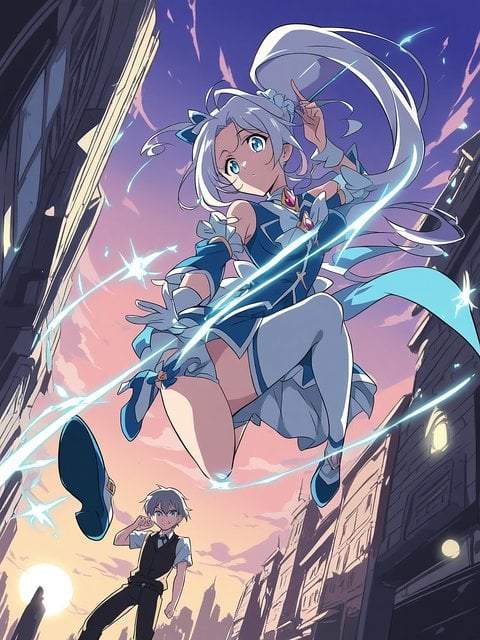Anime Girl Floating City Sunset