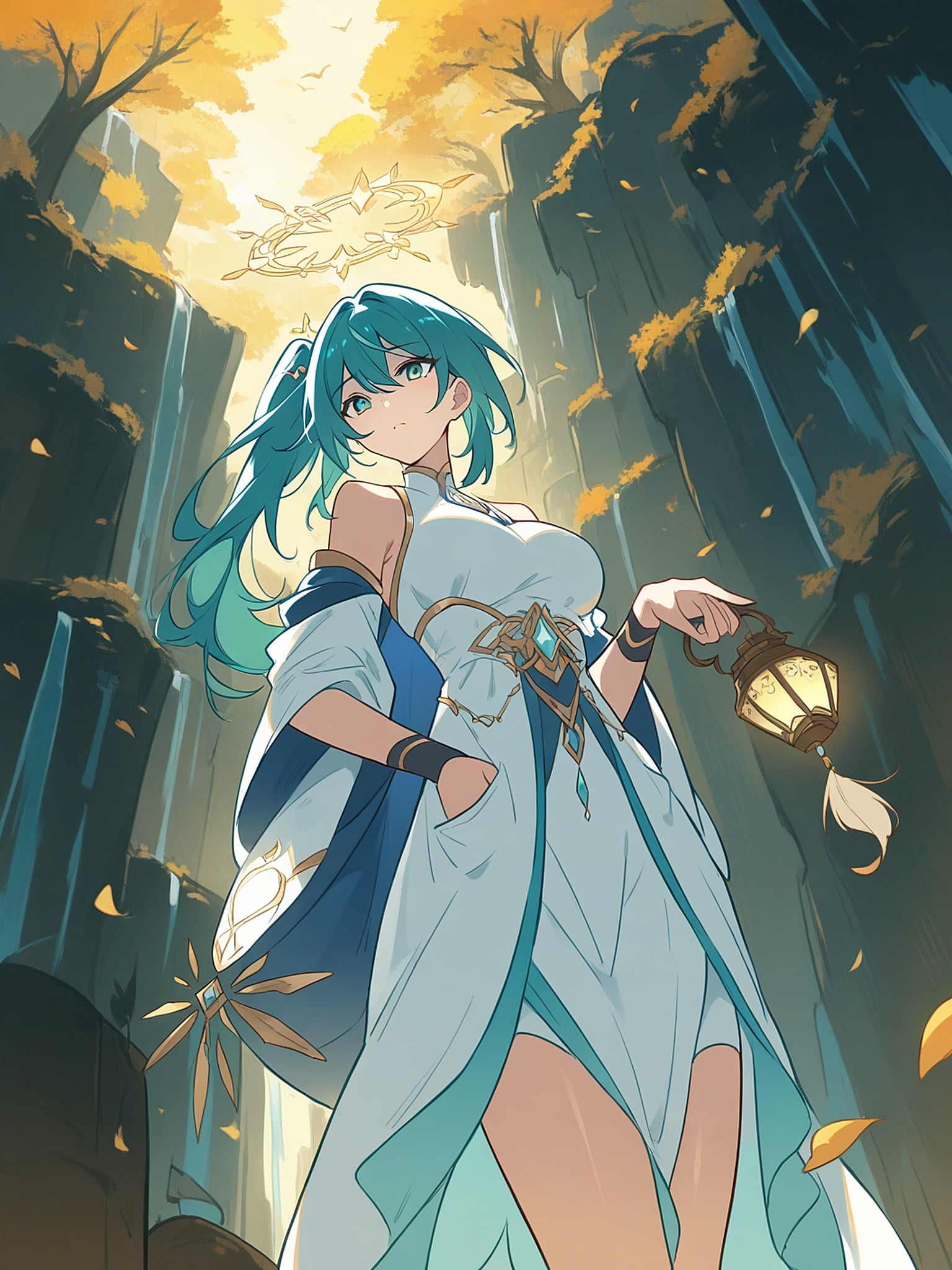 Anime Girl with Lantern in Autumn Gorge, anime girl, lantern, autumn forest, gorge, fantasy, teal hair