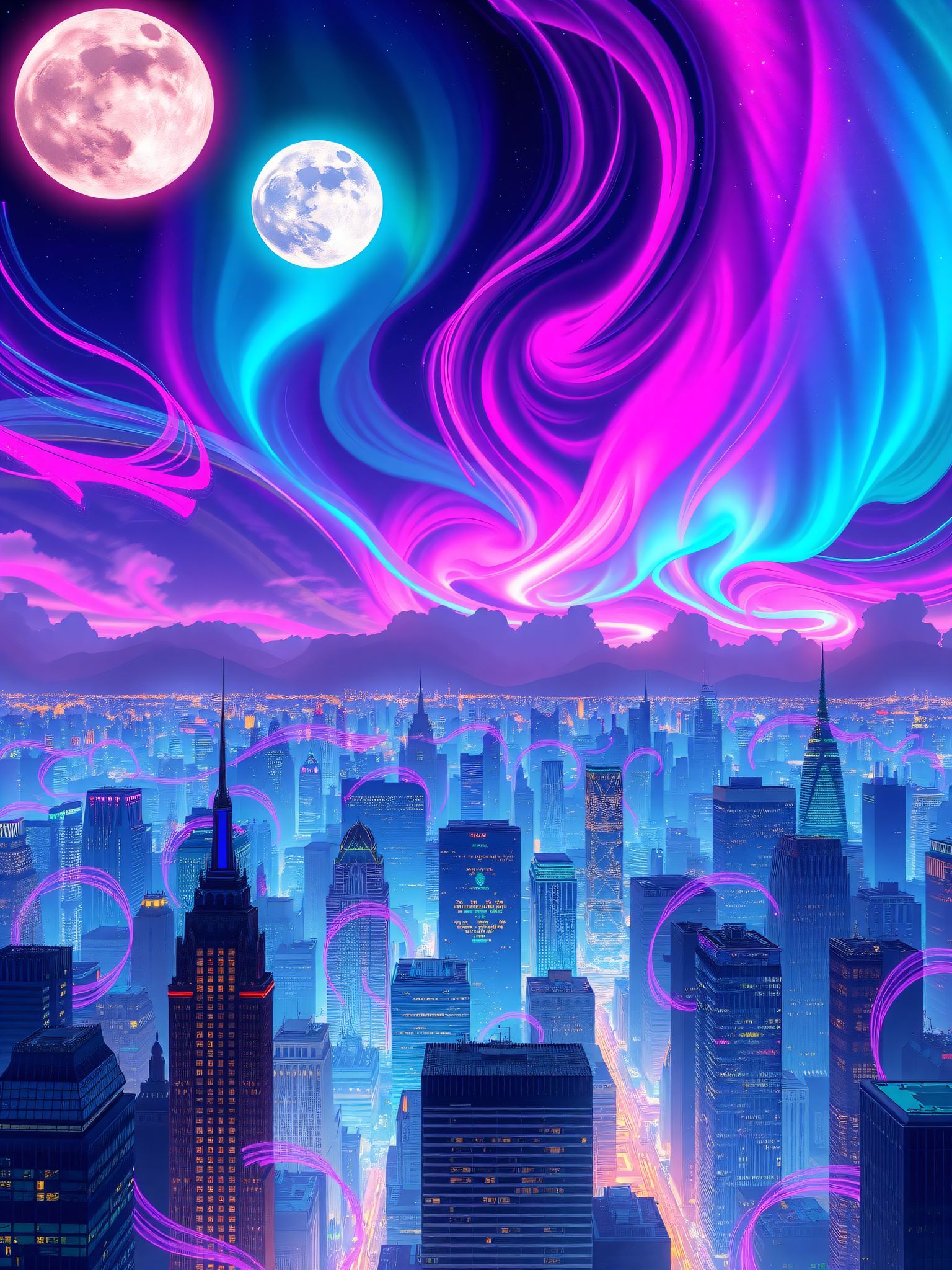 Neon Cyber Cityscape with Dual Moons & Aurora, cyberpunk, cityscape, neon, aurora, dual moons, futuristic