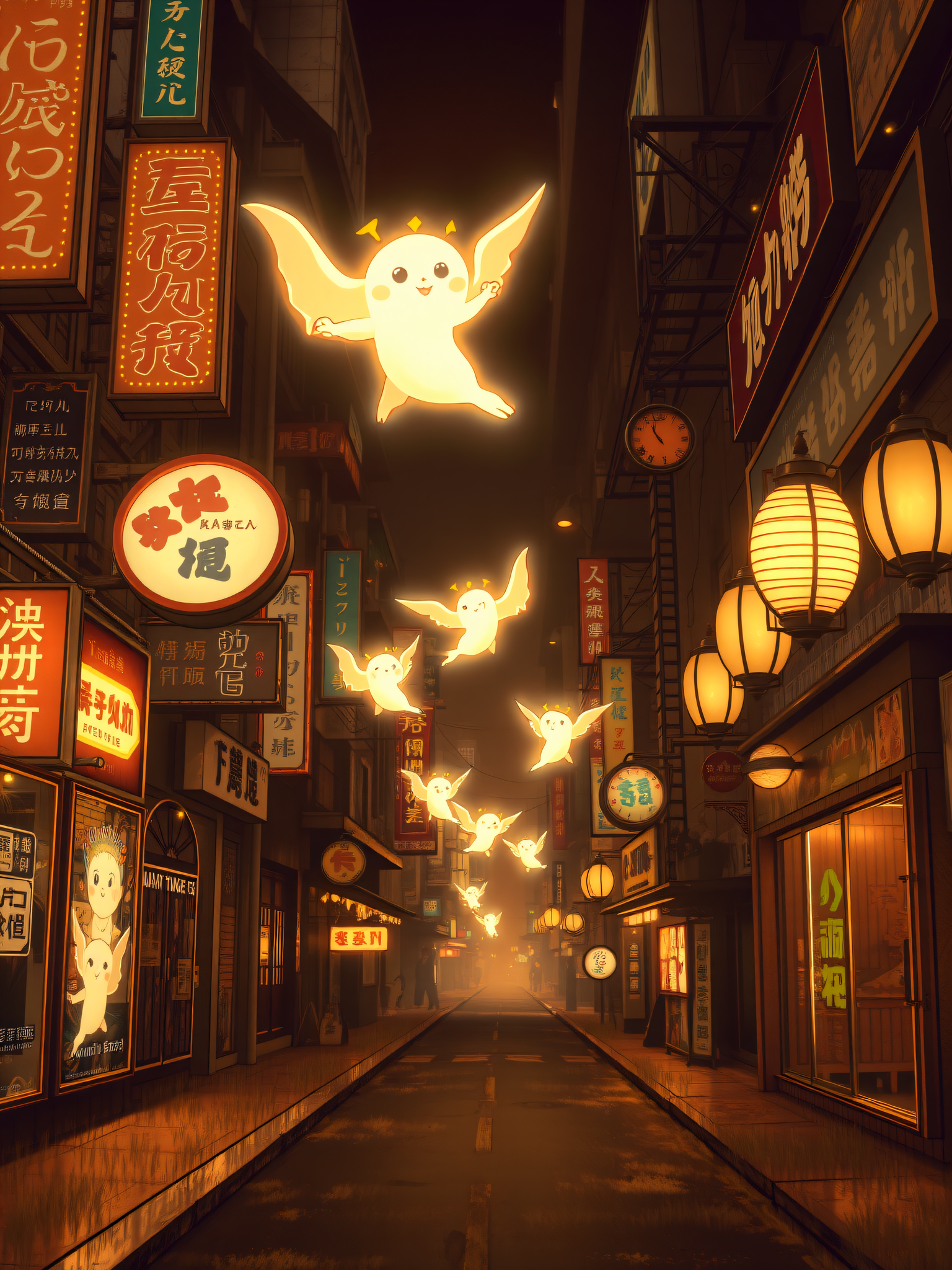 Glowing Spirits in Misty Asian Night Market Alley, glowing spirits, night market, alley, asian street, urban fantasy, cute ghosts