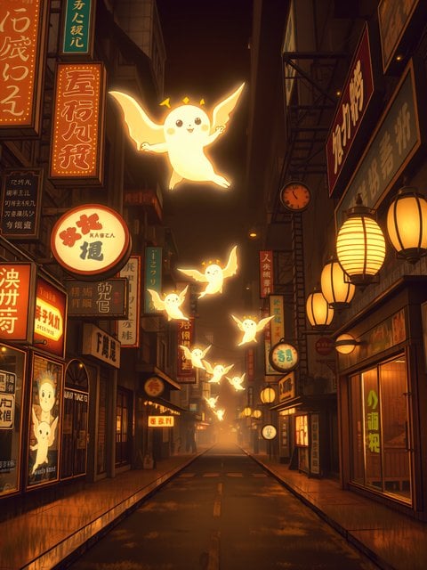 Glowing Spirits in Misty Asian Night Market Alley