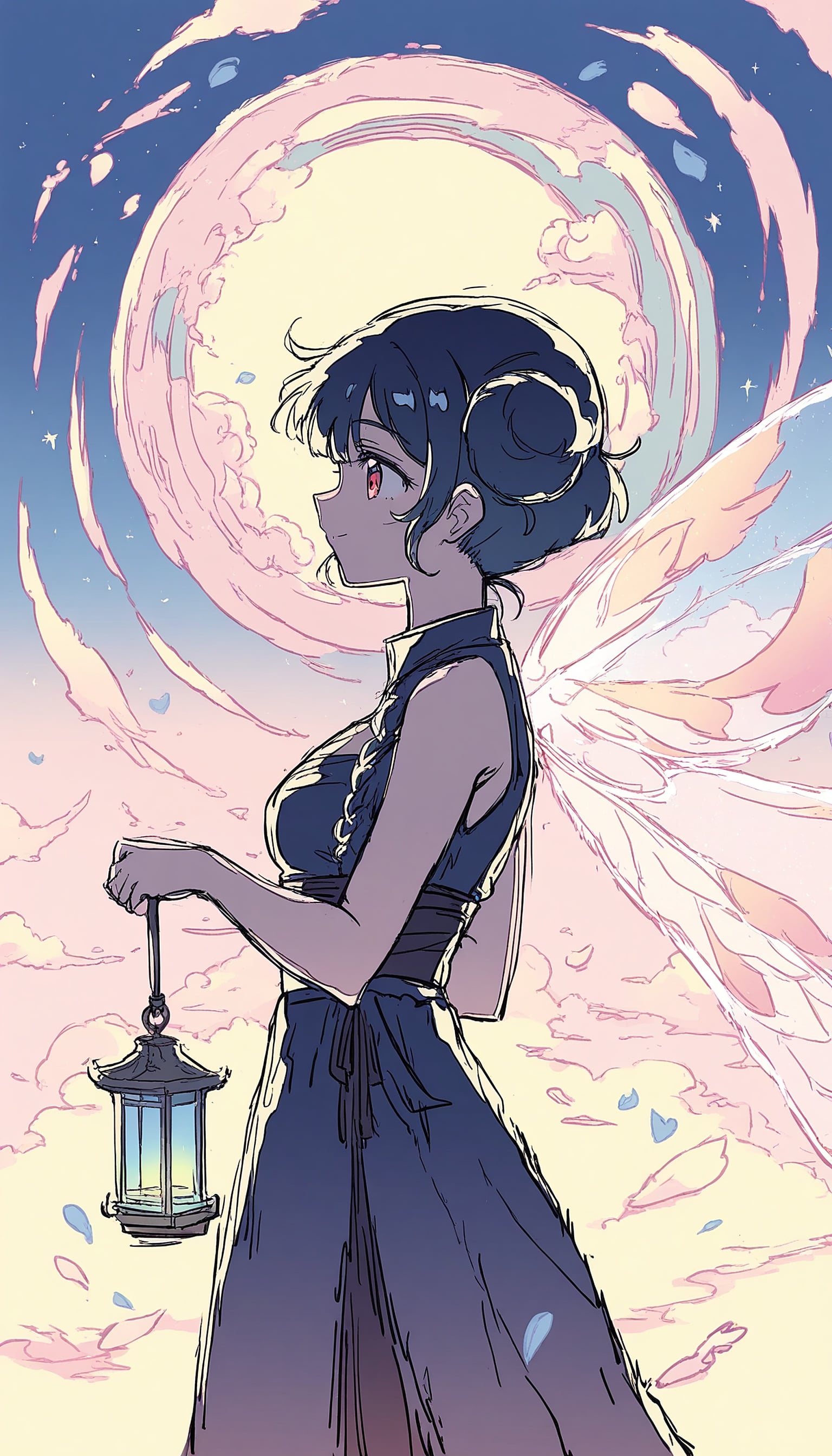 Anime Fairy with Lantern under Dreamy Sky, anime fairy, lantern, moonlit sky, pastel clouds, fantasy art, digital illustration