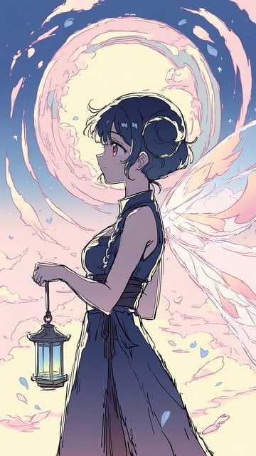 Anime Fairy with Lantern under Dreamy Sky