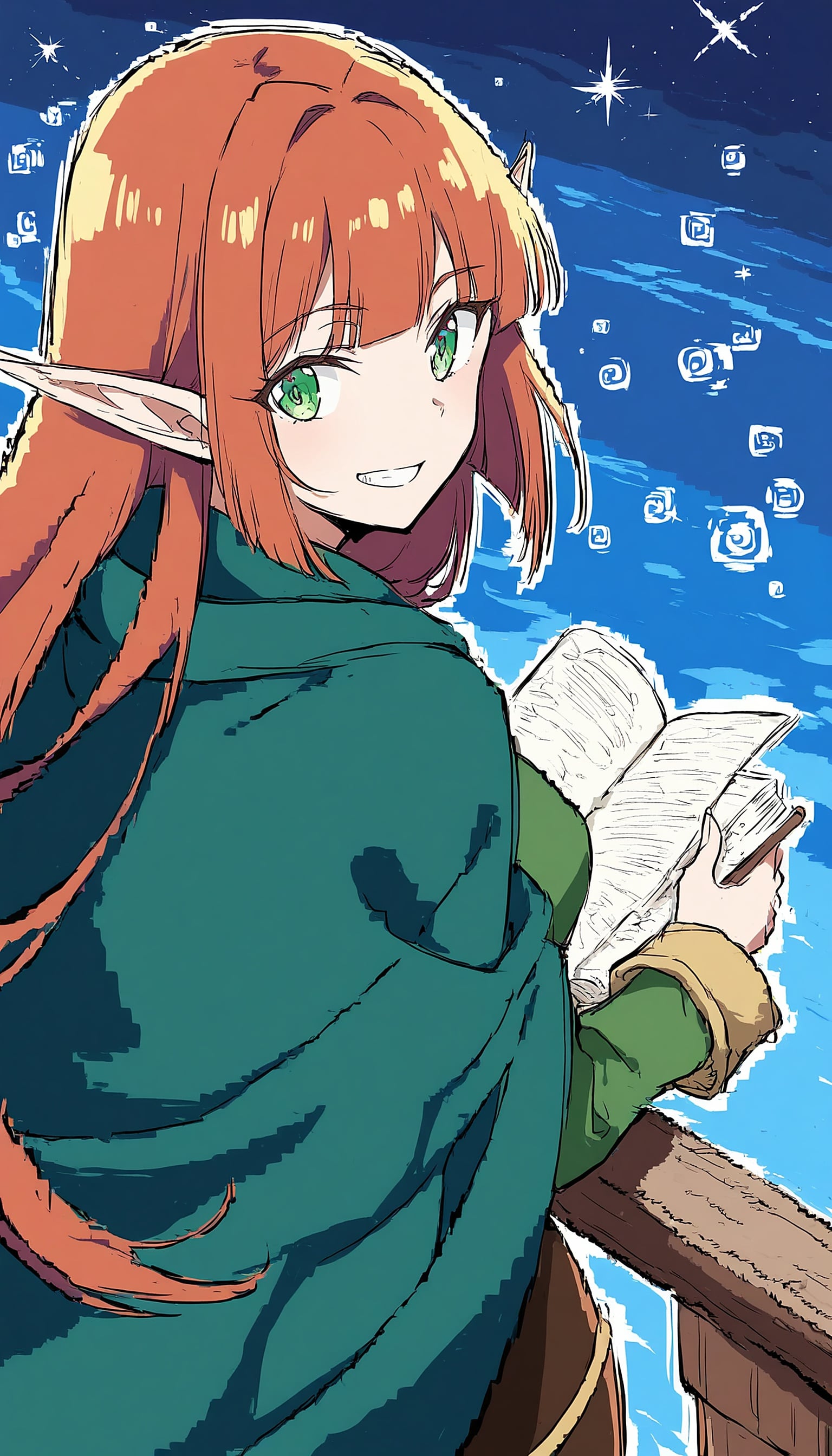 Anime Elf Girl Reading Under Starry Blue Sky, anime girl, elf, fantasy, reading, starry sky, blue