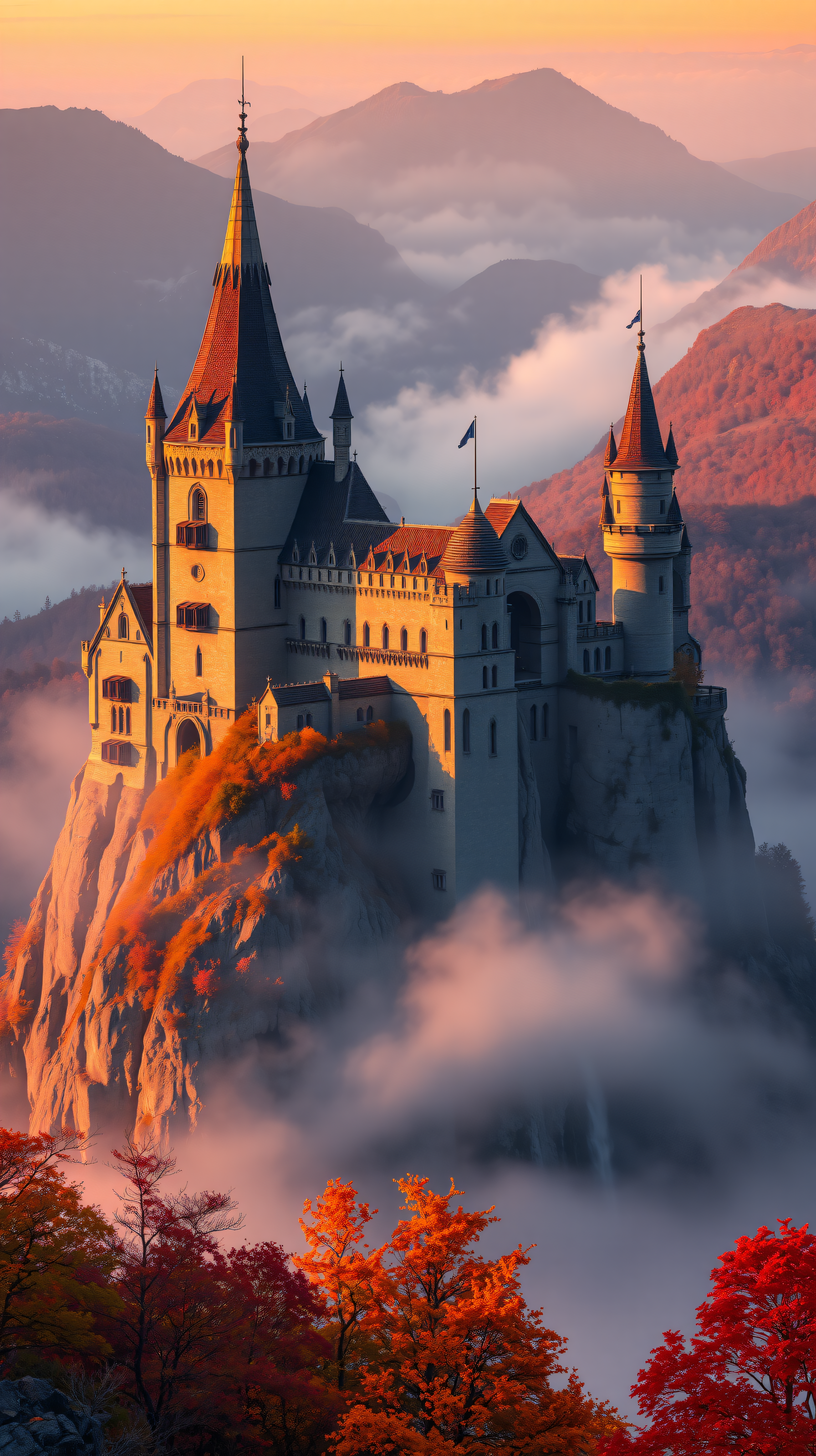 Fantasy Castle in Autumn Fog at Sunset, fantasy castle, autumn leaves, sunset, fog, mountain landscape, enchanted