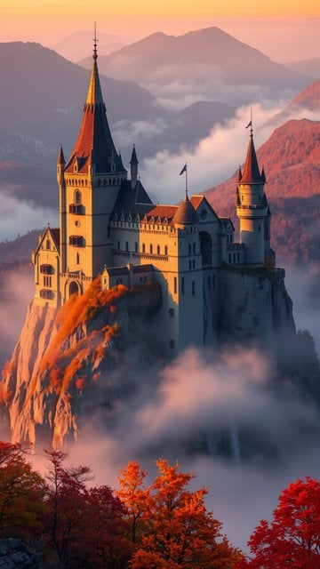 Fantasy Castle in Autumn Fog at Sunset