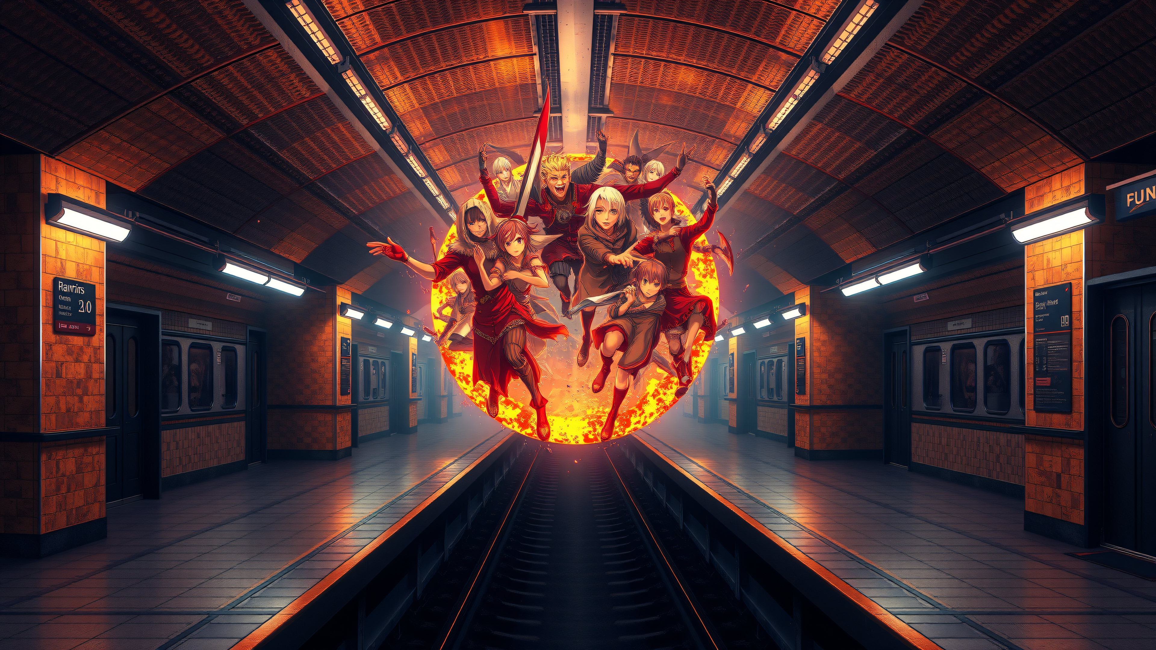 Anime Heroes in Fiery Portal Subway Station, anime, fantasy, subway station, heroes, fire portal, urban fantasy
