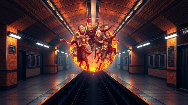 Anime Heroes in Fiery Portal Subway Station