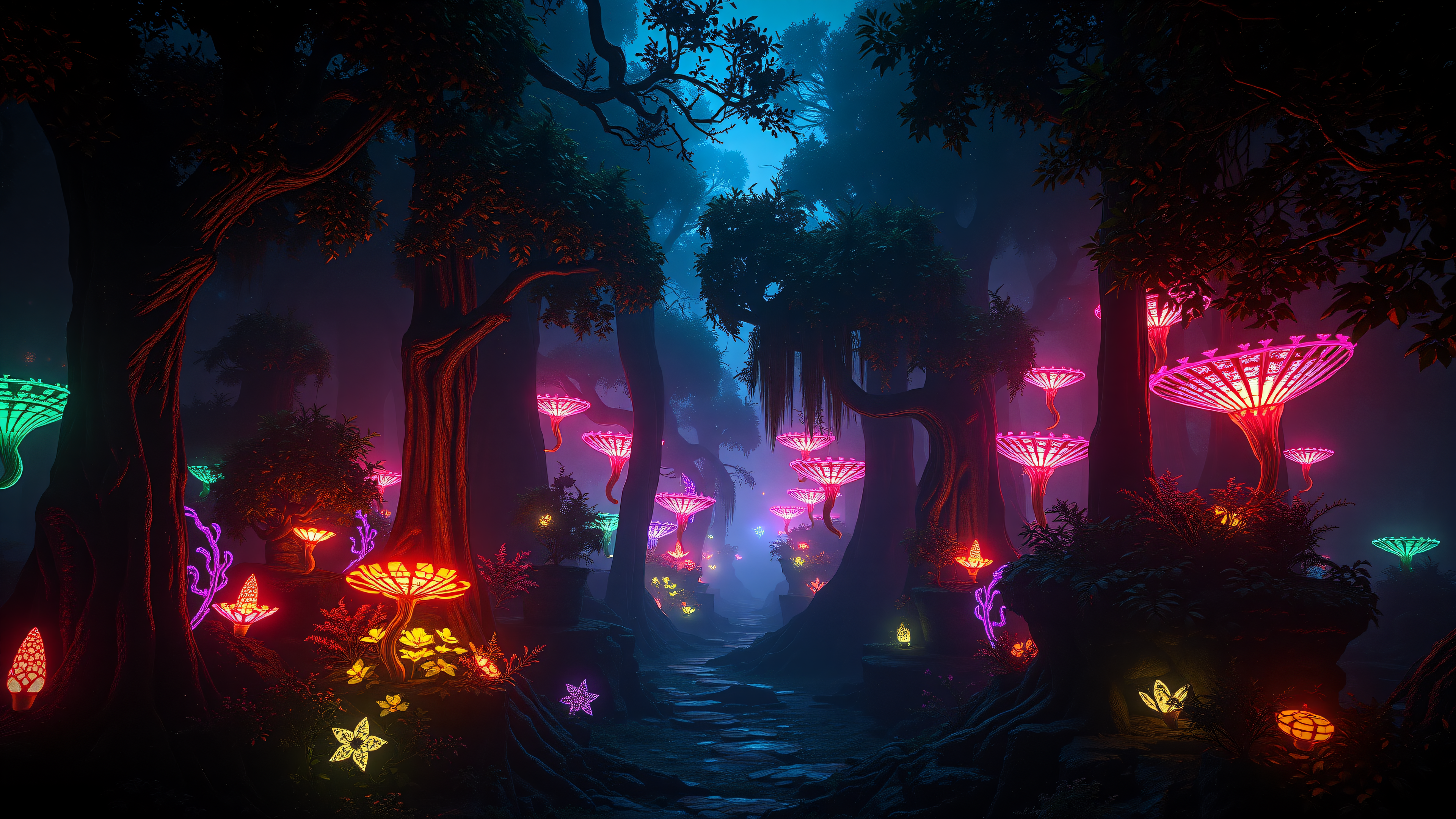 Enchanted Forest with Neon Glow Mushrooms, enchanted forest, neon glow, bioluminescent mushrooms, fantasy forest, glowing plants, mystical